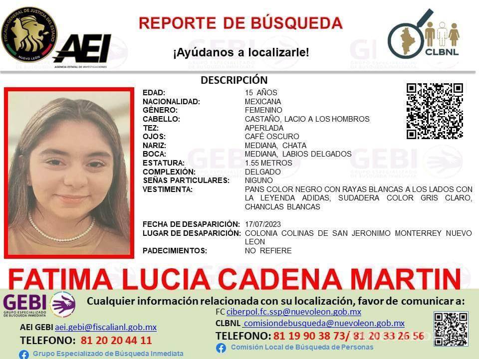 $!Reportan desaparición de menor de 15 años en Monterrey