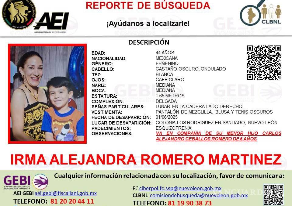 Buscan a mujer que desapareció junto a su hijo en Nuevo León