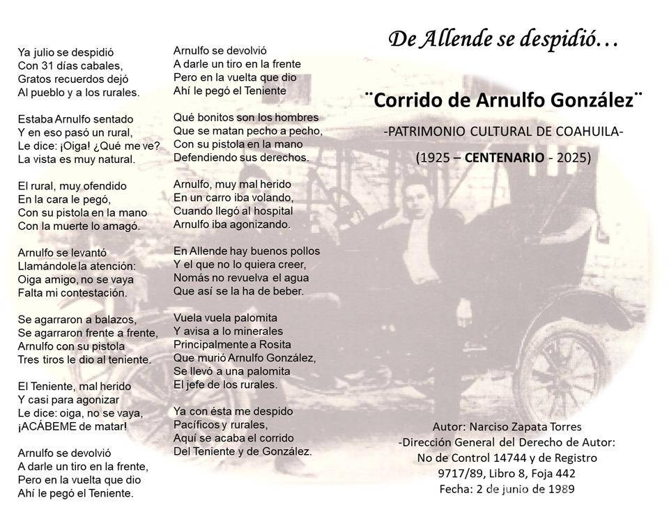 $!El corrido de Arnulfo González es patrimonio cultural de Coahuila y se busca, a un siglo de su creación, conmemorarlo de distintas formas.