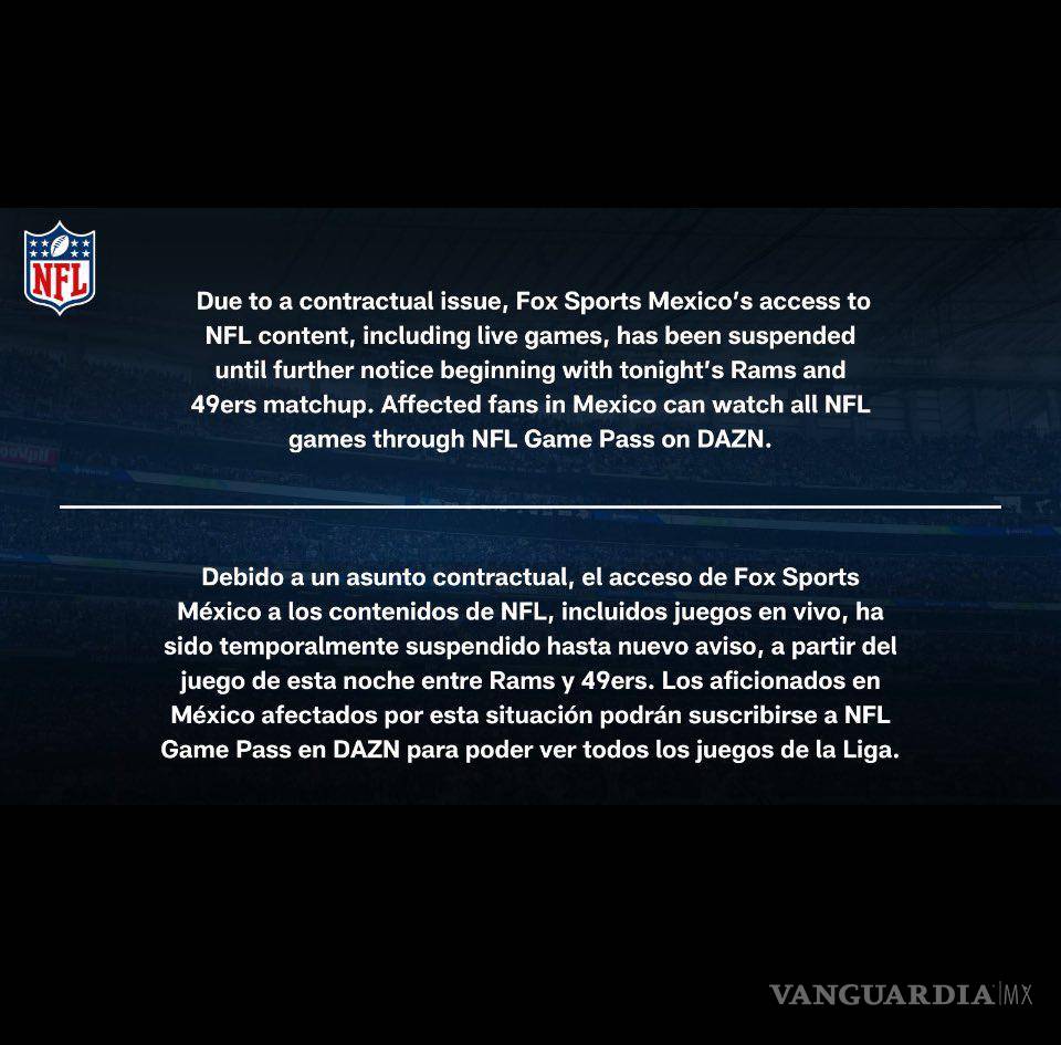$!Este fue el comunicado que lanzó la NFL sobre el asunto con Fox Sports México.