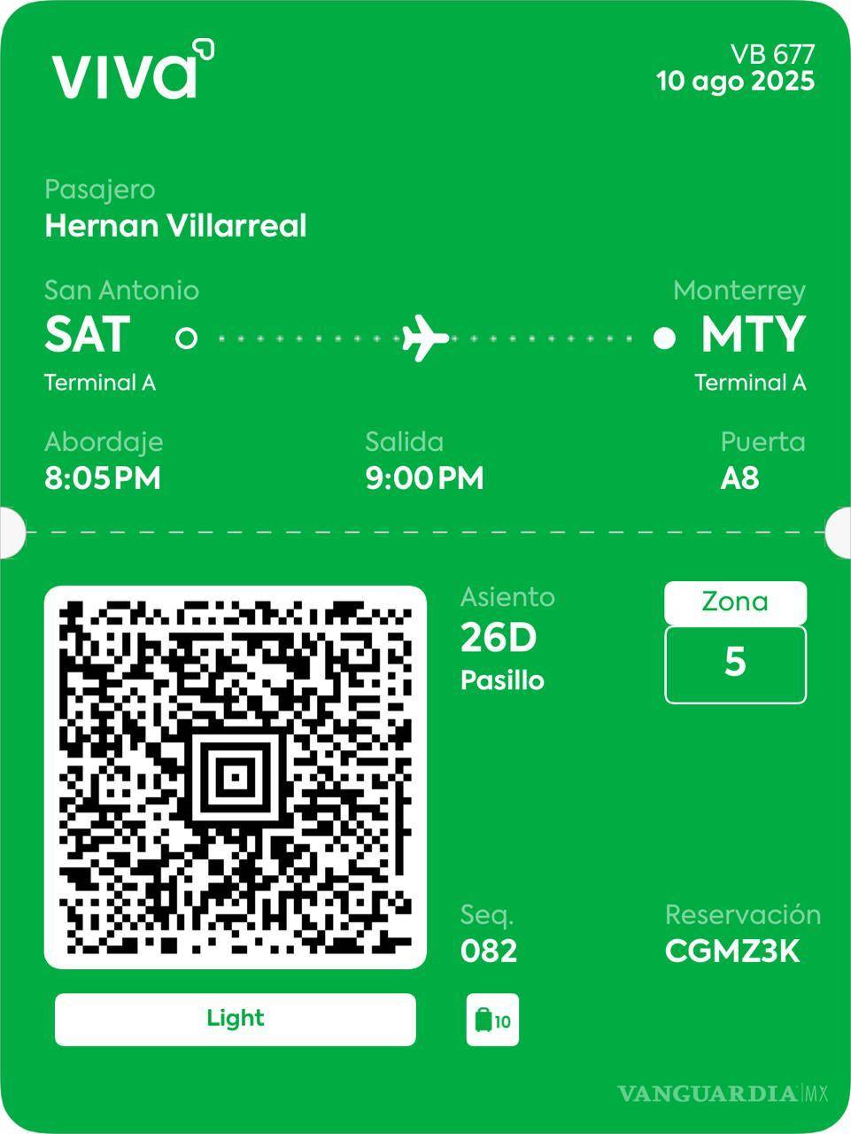 $!Este es el check in del vuelo de Hernán Villarreal, de su regreso a Monterrey, desde San Anonio, Tx.