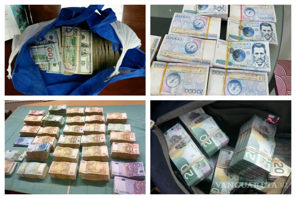 $!Estas fotografías de 2012 a 2017 muestra dólares estadounidenses, pesos colombianos, euros y dólares canadienses involucrados en investigaciones de lavado de dinero de la agencia.