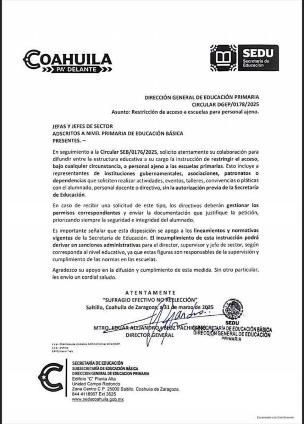 $!La circular DGEP/0178/2025 prohíbe el ingreso de personas ajenas a las escuelas de educación básica, salvo que cuenten con autorización expresa de la SEP Coahuila.