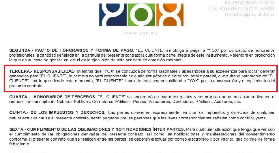 $!El contrato de Yox Holding que elimina responsabilidades a la empresa por cualquier pérdida.