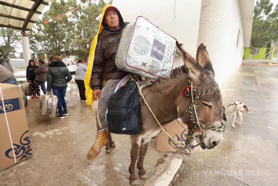 $!Hasta en burro, los habitantes de las comunidades rurales de Arteaga, acudieron a recoger su cobertor.