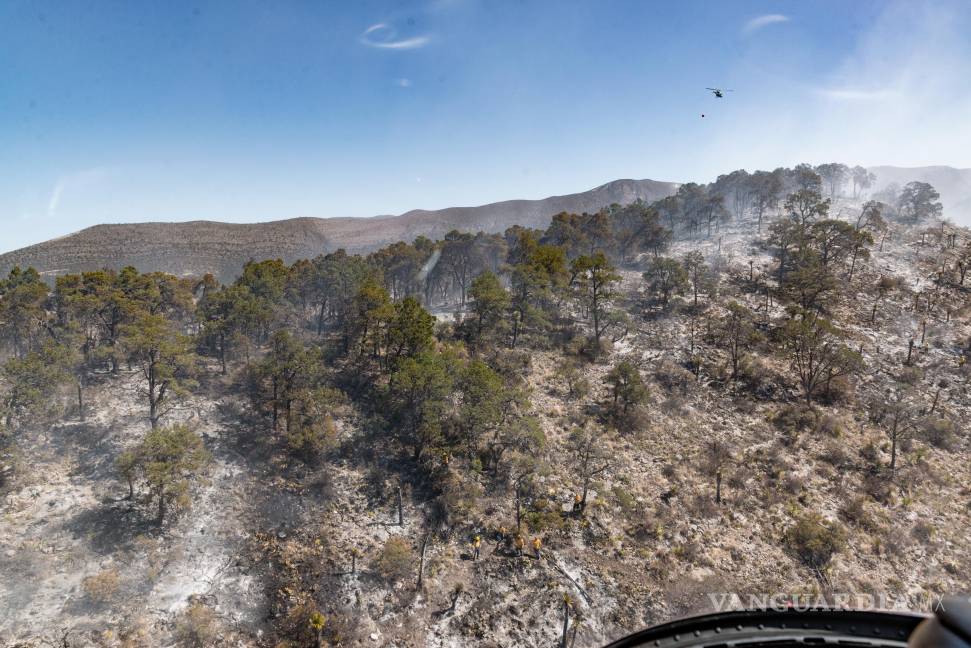 $!Brigadistas del municipio de Arteaga avanzan en la línea de fuego mientras se preparan para realizar descargas de agua aéreas en El Tunal.