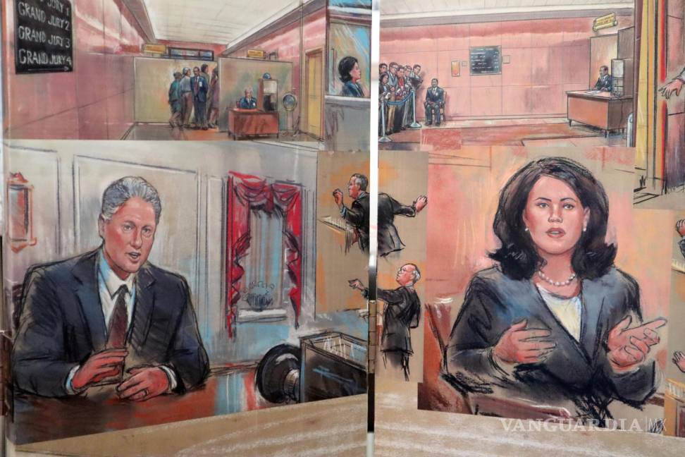 $!Vista de dibujos ejecutados por el caricaturista Bill Hennessy al juicio político en el Senado al entonces presidente estadounidense Bill Clinton con Monica Lewinsky.
