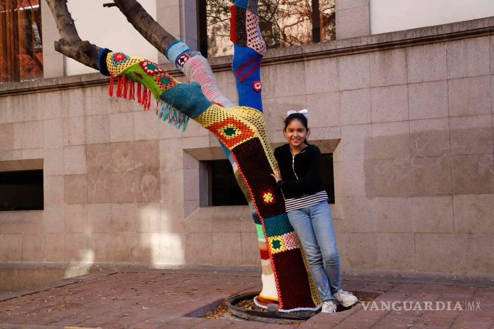 $!Tejedoras embellecen los árboles de la calle Ocampo de Saltillo, con una técnica de arte urbano llamada 'Yarn Bombing'