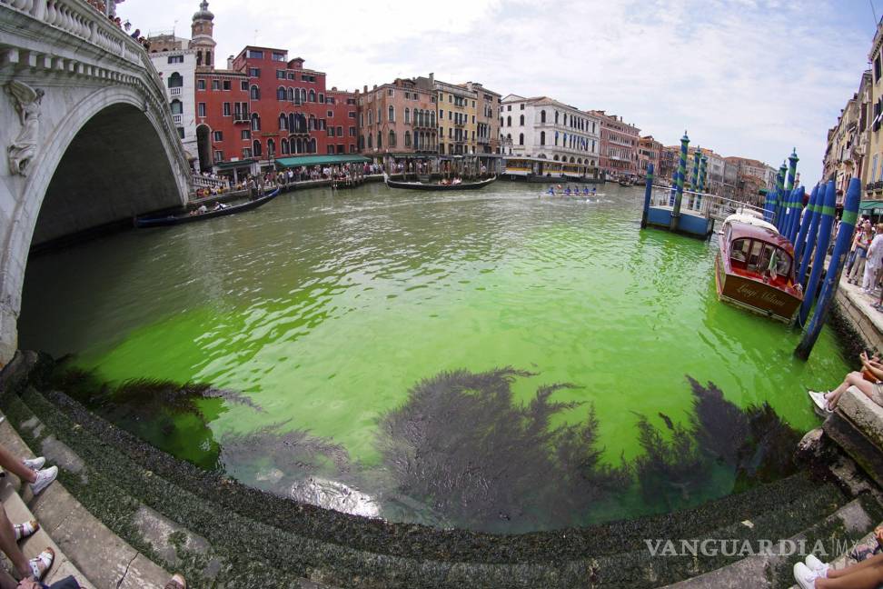 $!En esta fotografía se muestra un parche de líquido verde fosforescente visto en el Gran Canal cerca del Puente de Rialto, en Venecia, Italia, el 28 de mayo de 2023.
