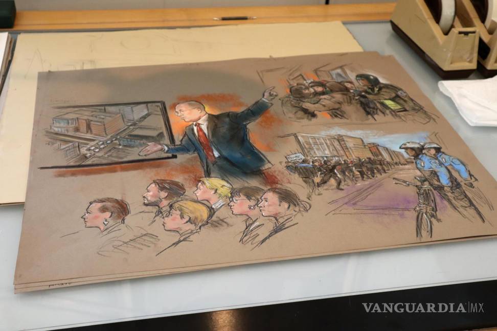 $!Vista de uno de los dibujos ejecutados por el caricaturista Bill Hennessy durante un juicio en Washington.