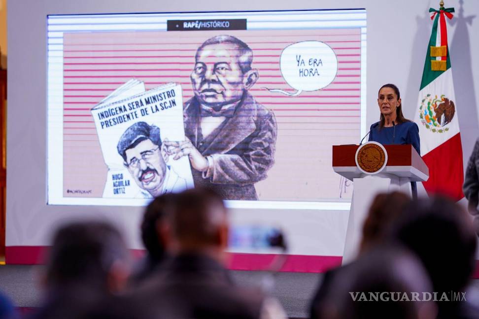 $!Claudia Sheinbaum Pardo muestra la caricatura política del minero Rapé con motivo de la posible llegada a la presidencia de la SCJN de Hugo Aguilar Ortiz.