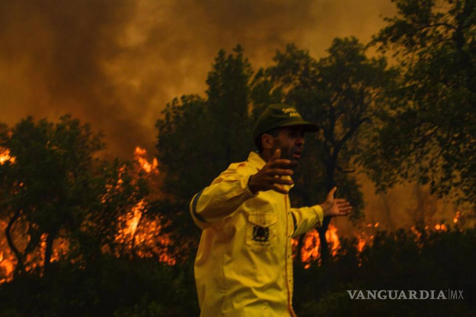 $!Un bombero reacciona mientras intenta apagar un incendio forestal causado por temperaturas extremas en Larache, al norte de Marruecos.