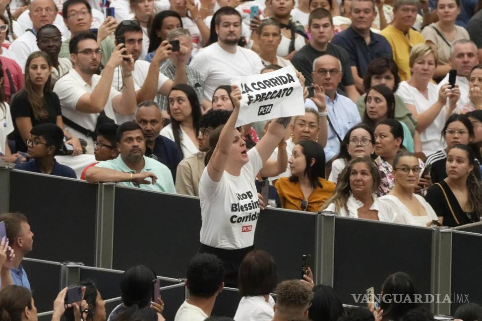 $!Una mujer sostiene un cartel que dice “La tauromaquia es pecado” durante la audiencia general semanal del Papa Francisco en el Aula Pablo VI del Vaticano.