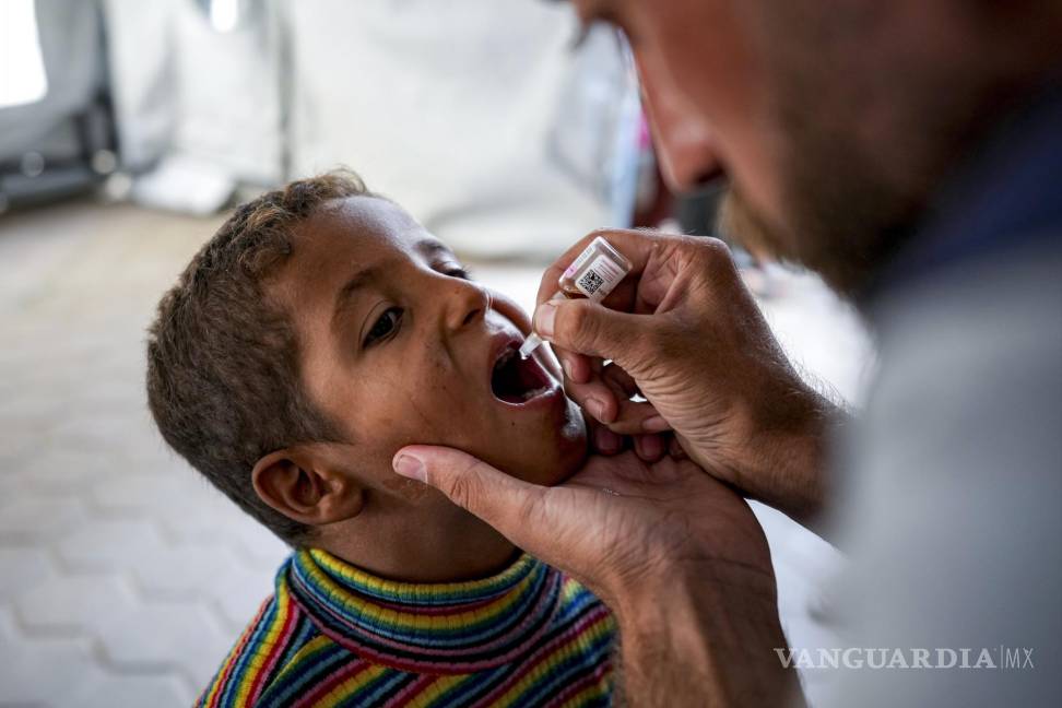 $!Un niño recibe la dosis contra la polio en la comunidad de Deir al-Balah, en el centro de la Franja de Gaza.