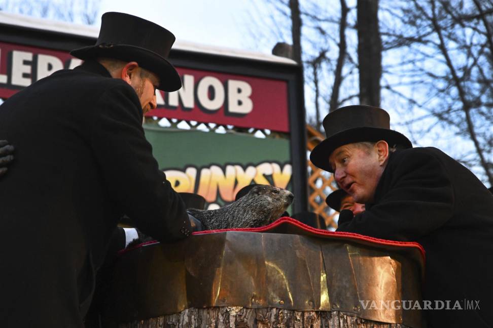 $!El presidente del Groundhog Club, Jeff Lundy, interactúa con Punxsutawney Phil, la marmota que pronostica. AP/Barry Reeger