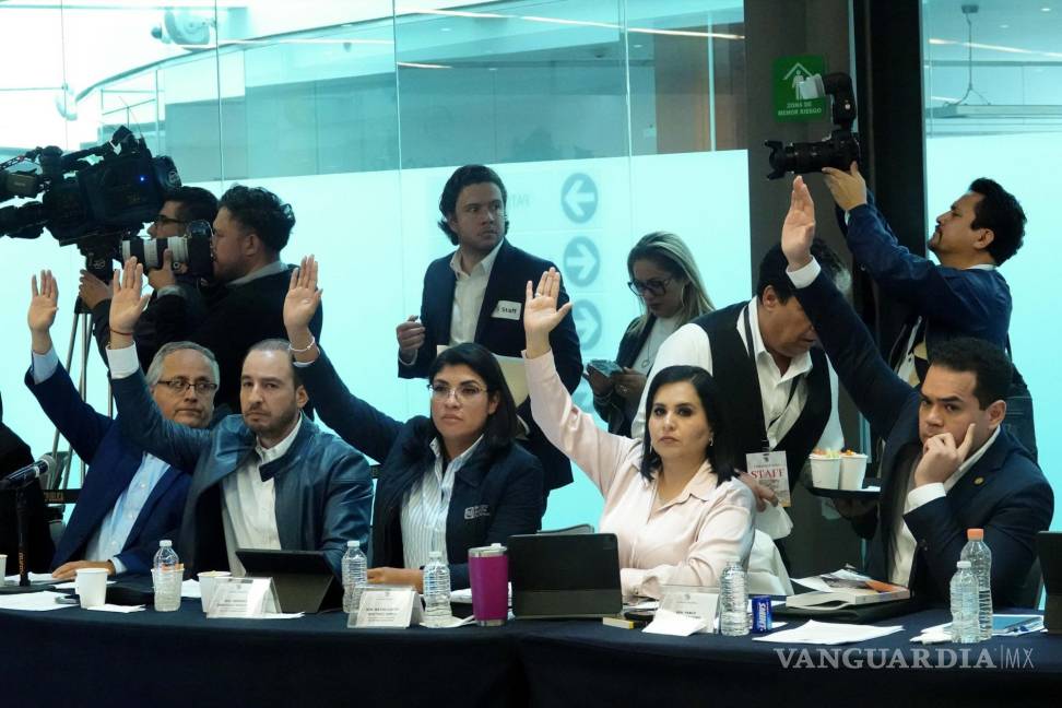 $!Marko Cortés y senadores de la bancada del PAN, durante la votación del Orden del Día en la Primera Reunión de Comisiones Unidas de Puntos Constitucionales y de Estudios Legislativos en el Senado de la República.