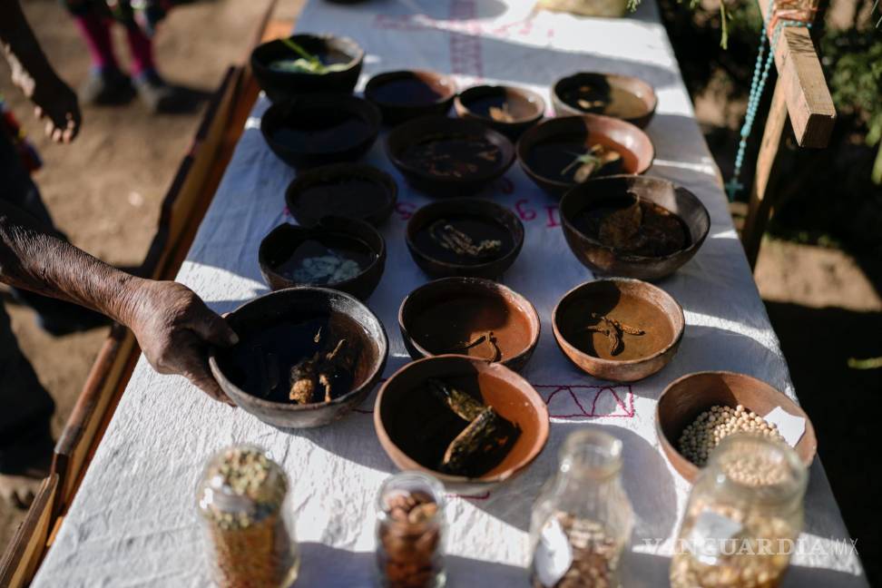 $!Un hombre indígena rarámuri coloca una ofrenda en un altar en la ceremonia sagrada Yúmari en honor de los curas jesuitas Javier Campos y Joaquín Mora.