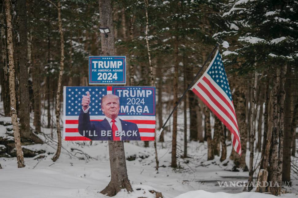 $!Un cartel del expresidente Donald Trump en el bosque cerca de Pittsburg. Pittsburg se encuentra a lo largo de la Ruta 3, que une New Hampshire y Canadá.