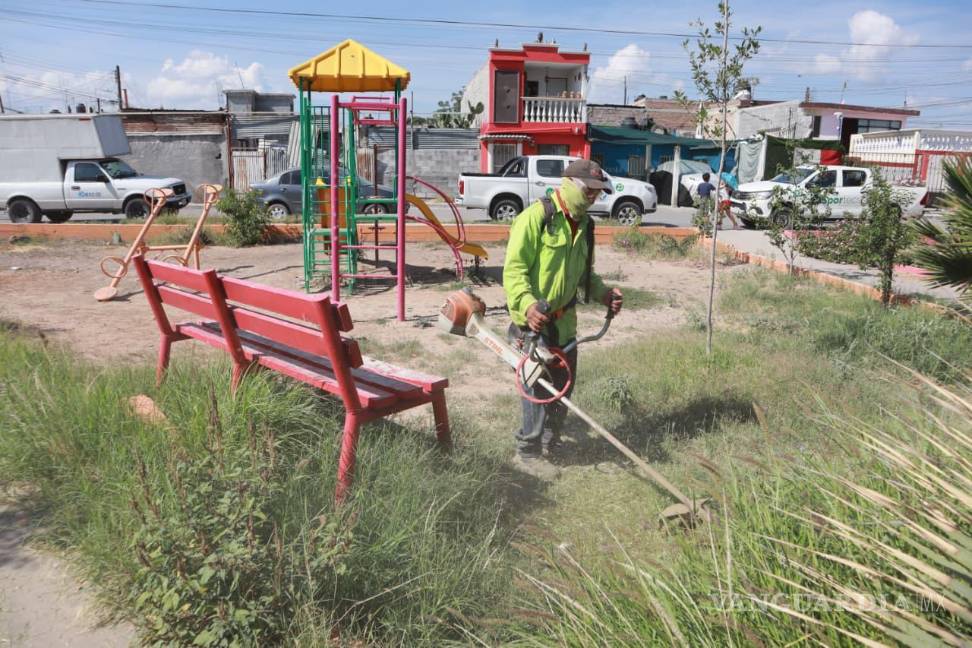 $!Personal de la Dirección de Medio Ambiente y Desarrollo Sustentable realiza limpieza y deshierbe en plazas y áreas verdes de la colonia Virreyes Obrera.