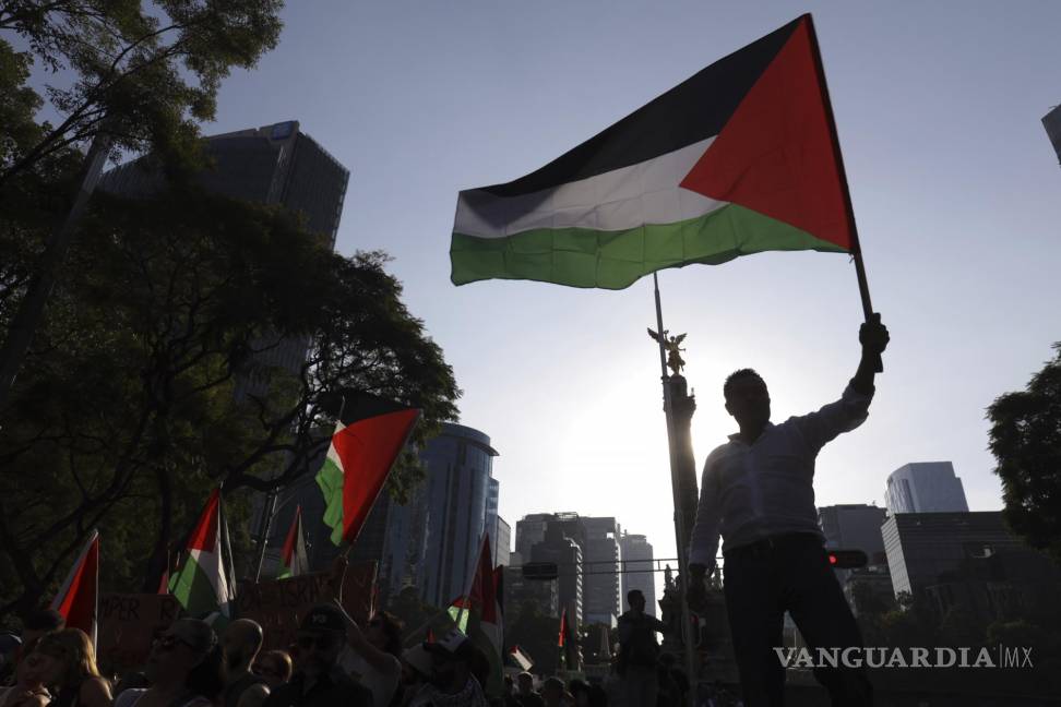 $!Un hombre ondea una bandera palestina durante una marcha contra la guerra entre Israel y Hamás y en apoyo a los palestinos en Gaza, en la Ciudad de México.