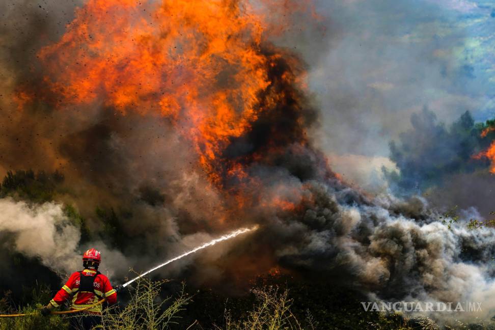 $!Un bombero combate las llamas que rodean el pueblo de Ancede durante un incendio forestal en el municipio de Baiao, al norte de Portugal.