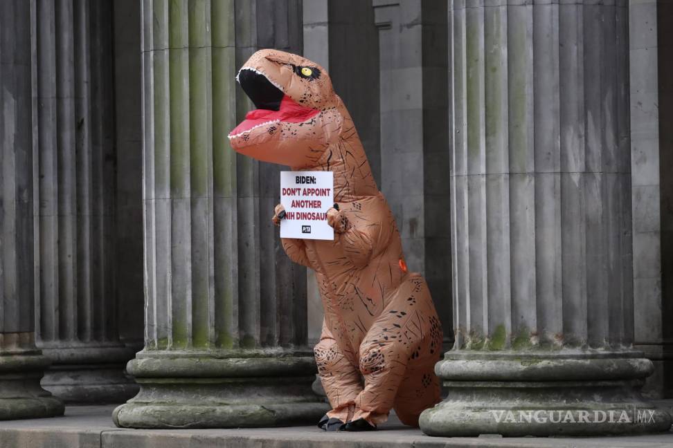 $!Un manifestante de PETA irrumpe en una protesta de las caricaturas de Oxfam ‘Big Head’ con líderes mundiales al margen de la Cumbre del Clima de la ONU COP26 en Glasgow, Escocia. AP/Scott Heppell