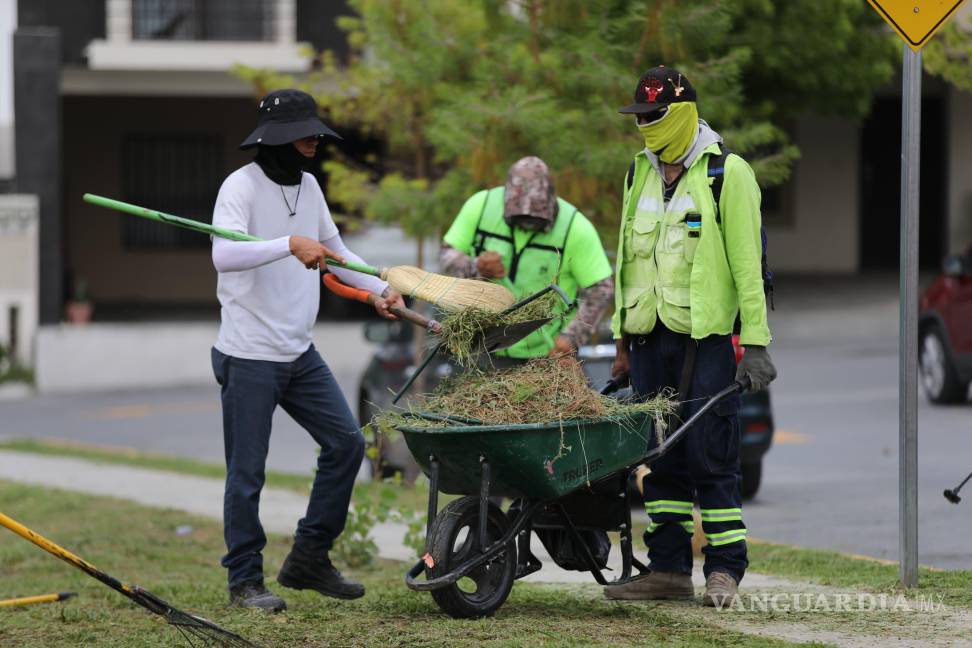 $!Brigadas del programa “Aquí Andamos” realizaron limpieza y deshierbe en la plaza del fraccionamiento Portal de las Lomas, mejorando el entorno comunitario.