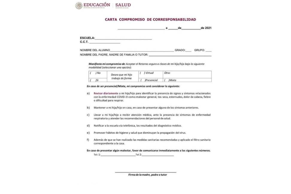 $!Así es es la carta compromiso que escuelas pedirán para regreso a clases presenciales