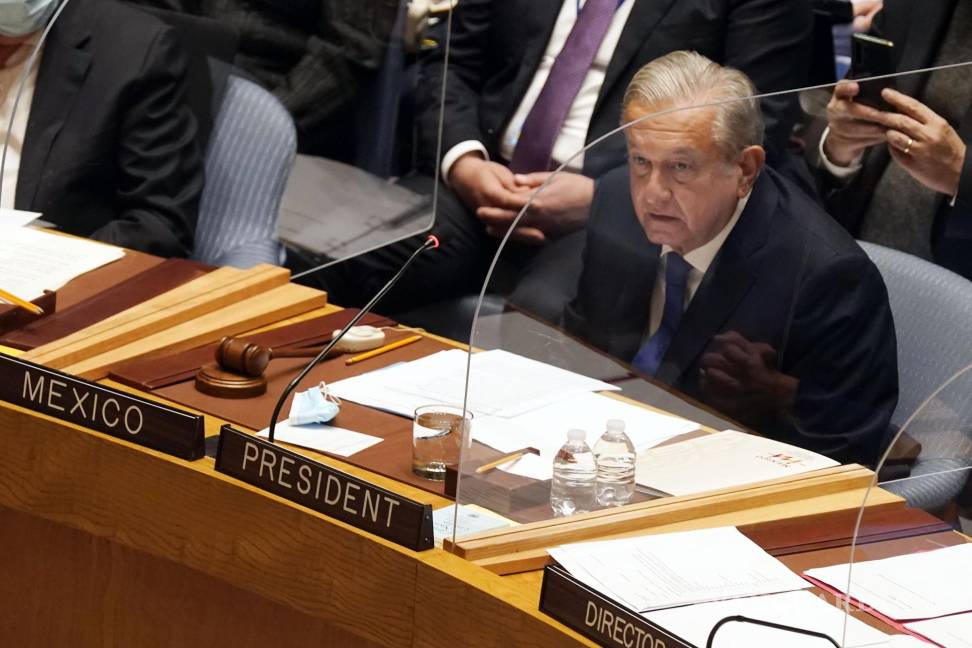 $!El presidente de México, Andrés Manuel López Obrador, se dirige al Consejo de Seguridad de Naciones Unidas. AP/Richard Drew