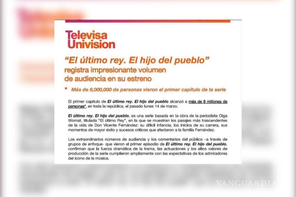 $!Televisa dio a conocer a través de un boletín las cifras del primer episodio de la bioserie.