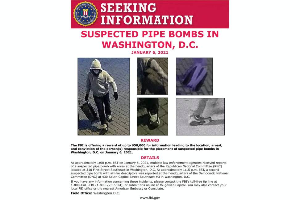 $!Esta imagen muestra un cartel del FBI en el que se pide ayuda para localizar a un sospechoso que presuntamente colocó bombas caseras el 6 de enero de 2021.