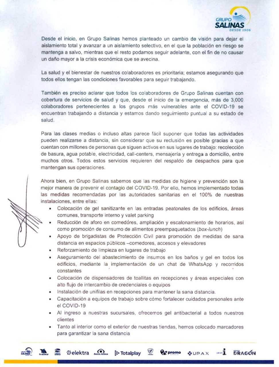 $!Grupo Salinas aclara que aplica “aislamiento selectivo”, y compró gel y cubrebocas para empleados