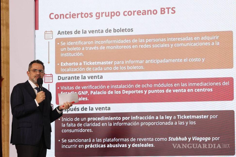 $!Iván Escalante, director de Profeco, dio a conocer las acciones que se están emprendiendo para poder regular la venta de boletos de BTS, esto ante las denuncias de sus fans quienes señalaba que las empresas de vender los tickets no ofrecer las reglas claras para poder comprarlos, esto durante la Mañanera del Pueblo.