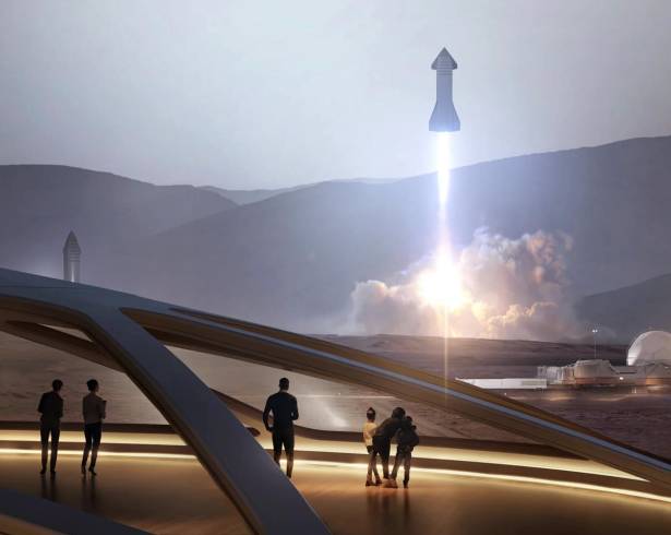 Una representación de SpaceX de la colonia propuesta en Marte incluye una cúpula gigante para la vida comunitaria.