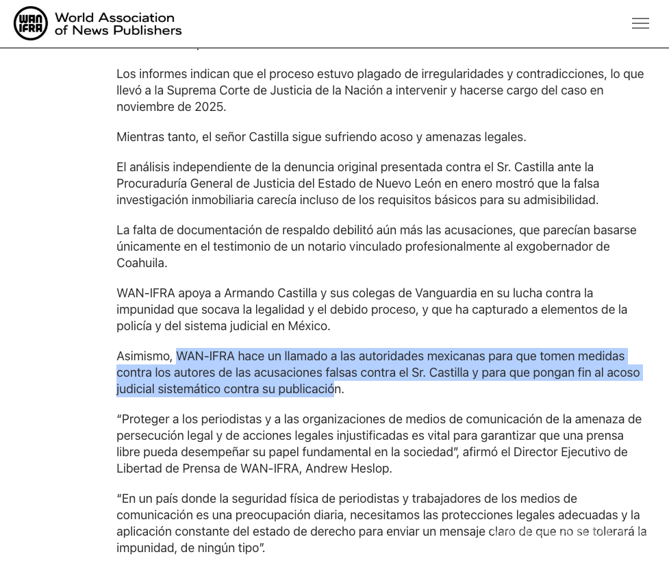 $!La asociación mundial alertó en su página oficial sobre lo vivido por el Director de Vanguardia.