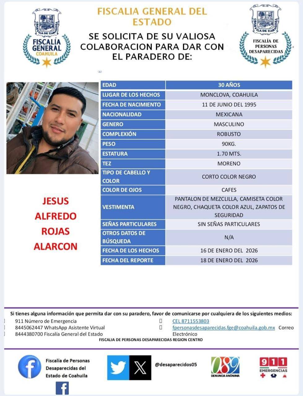 $!Ficha de búsqueda emitida por la Fiscalía de Coahuila para localizar a Jesús Alfredo Rojas Alarcón, desaparecido en Monclova.