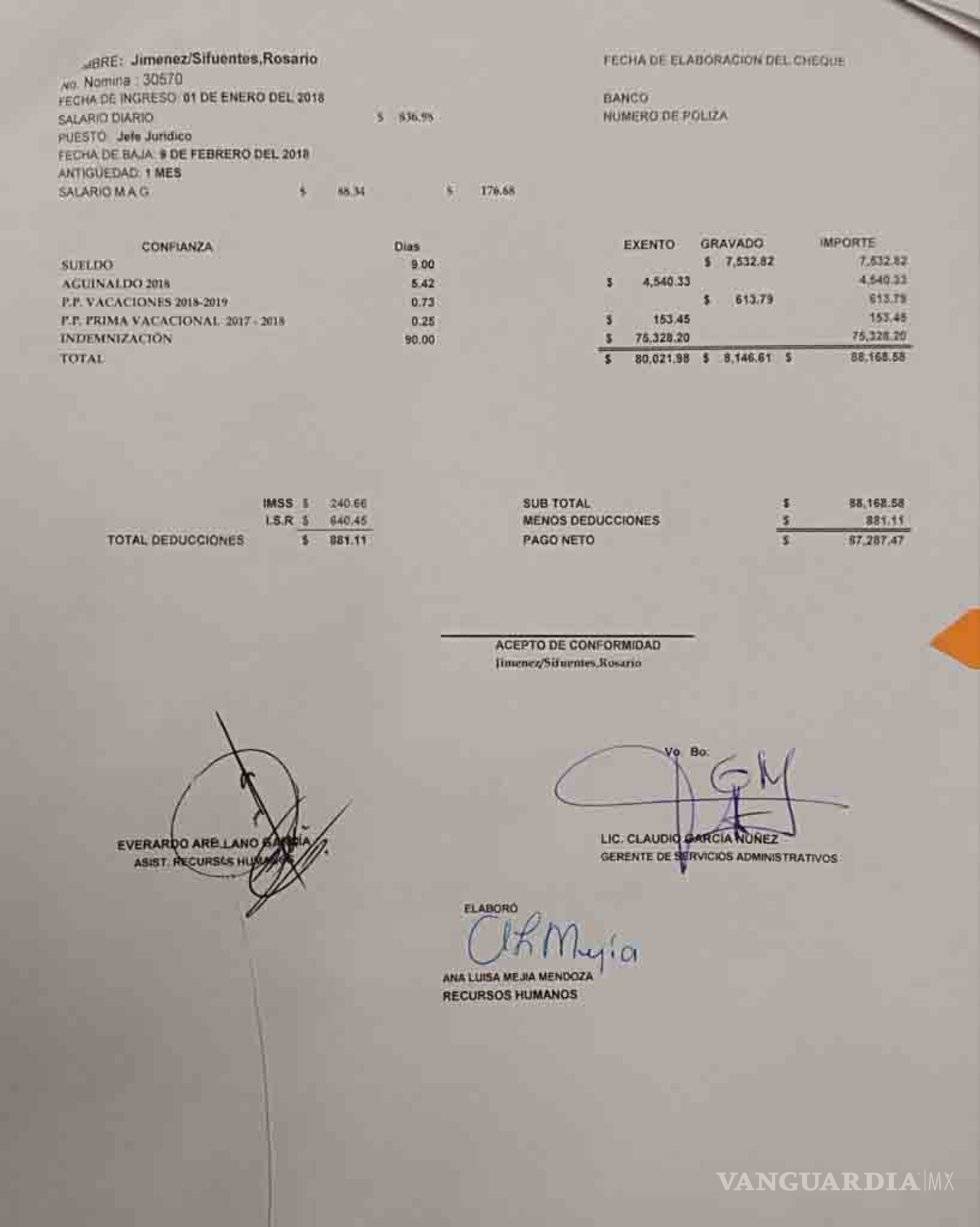 $!Rechaza funcionaria haber recibido finiquito de 87 mil