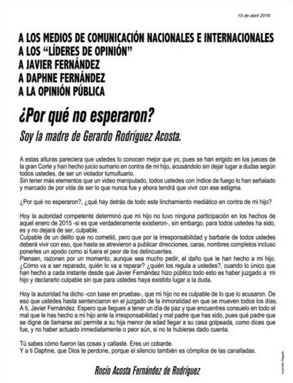 $!Daphne responde a carta de mamá de uno de sus agresores