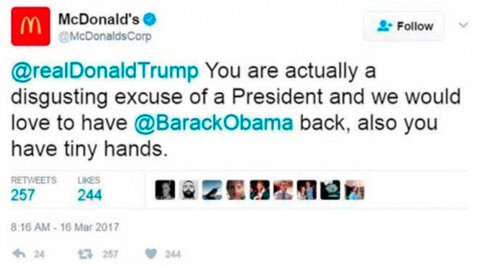 $!McDonald's insulta a Donald Trump; la empresa dice que fueron hackeados