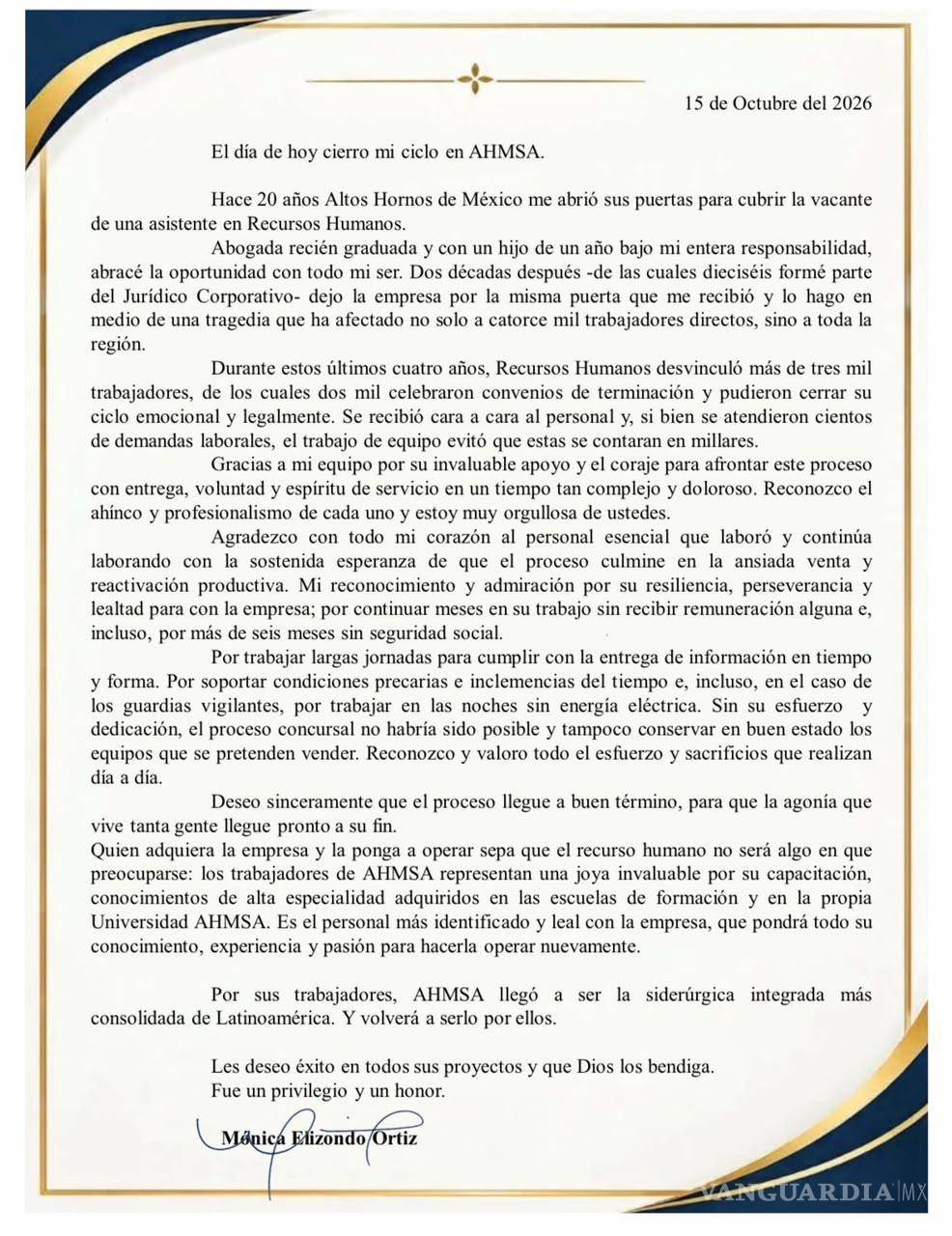 $!En el documento, Elizondo Ortiz destacó que se atendió cara a cara al personal y que el trabajo en equipo evitó que las demandas laborales se contaran en millares.
