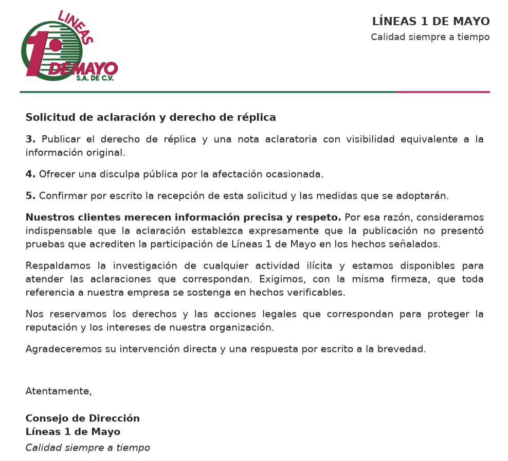 $!Segunda página del posicionamiento, donde la empresa solicita una disculpa pública y advierte sobre posibles acciones legales para proteger su reputación