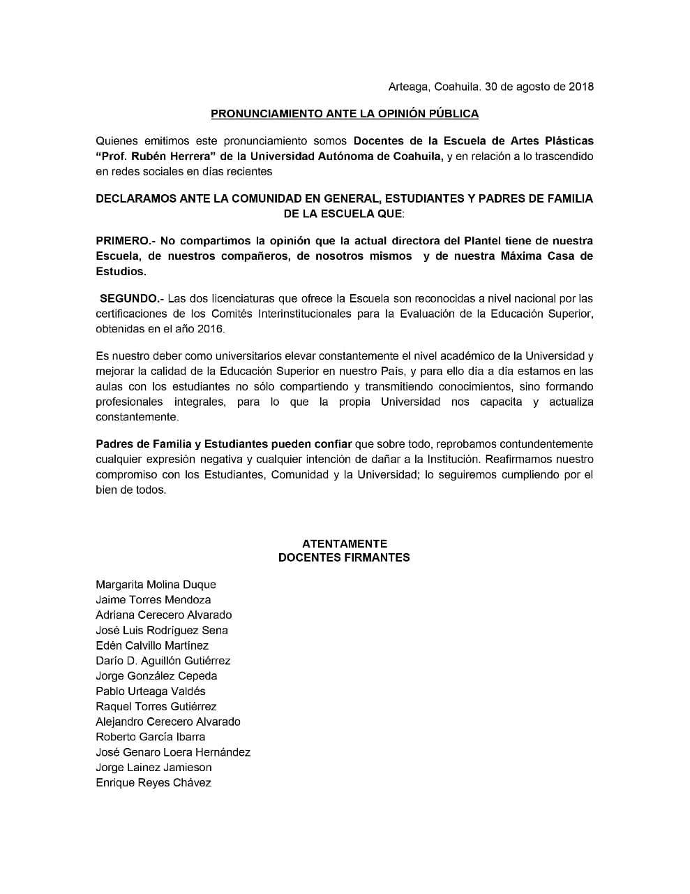 $!Maestros salen a la defensa de la Escuela de Artes de la UAdeC; 'No compartimos la opinión de la directora'
