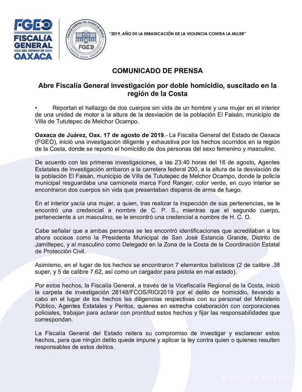 $!Encuentran cuerpos sin vida de alcaldesa y delegado en Oaxaca