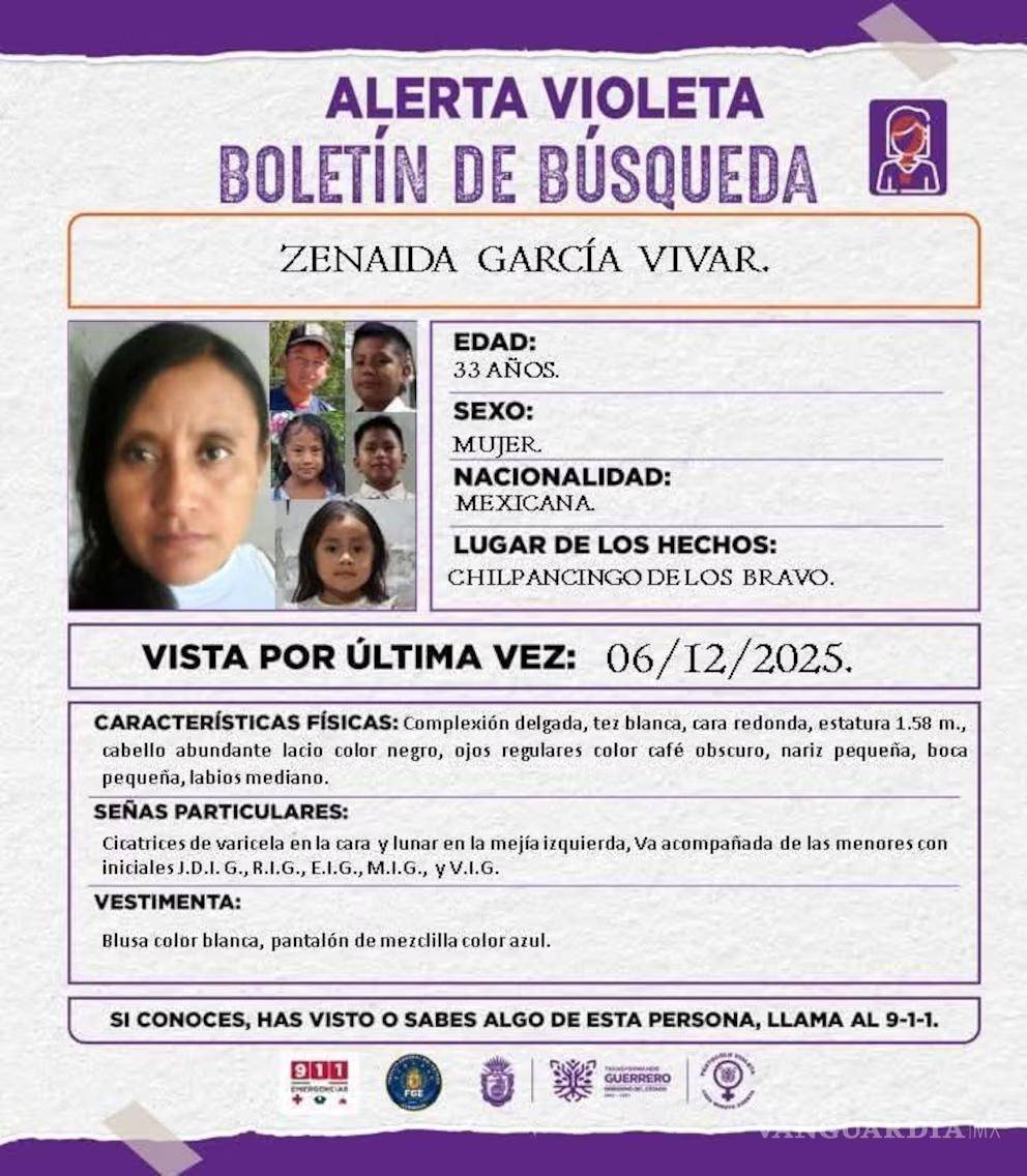 $!Autoridades de Guerrero mantienen un operativo activo para localizar a Zenaida García Vivar y a sus cinco hijos, desaparecidos desde el 6 de diciembre en Chilpancingo