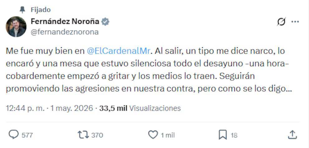 $!Increpan a Gerardo Fernández Noroña en restaurante; responde tras gritos de comensales