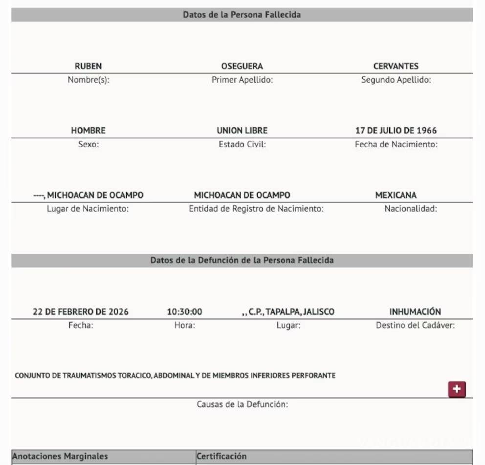 $!Acta de defunción de ‘El Mencho’ señala múltiples impactos de bala y revela unión libre