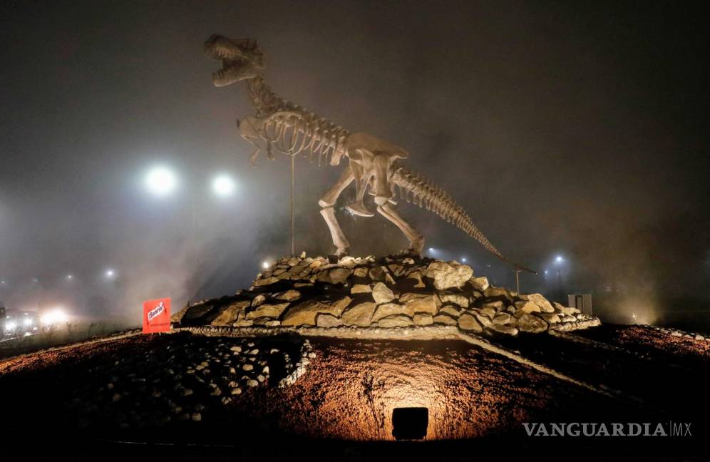 $!El tiranosaurio rex que custodiaba la entrada del Museo del Desierto, ahora se encuentra en una glorieta en el cruce del periférico Luis Echeverría y prolongación Pérez Treviño, como parte de la estrategia de la ruta “Vinos y Dinos”.