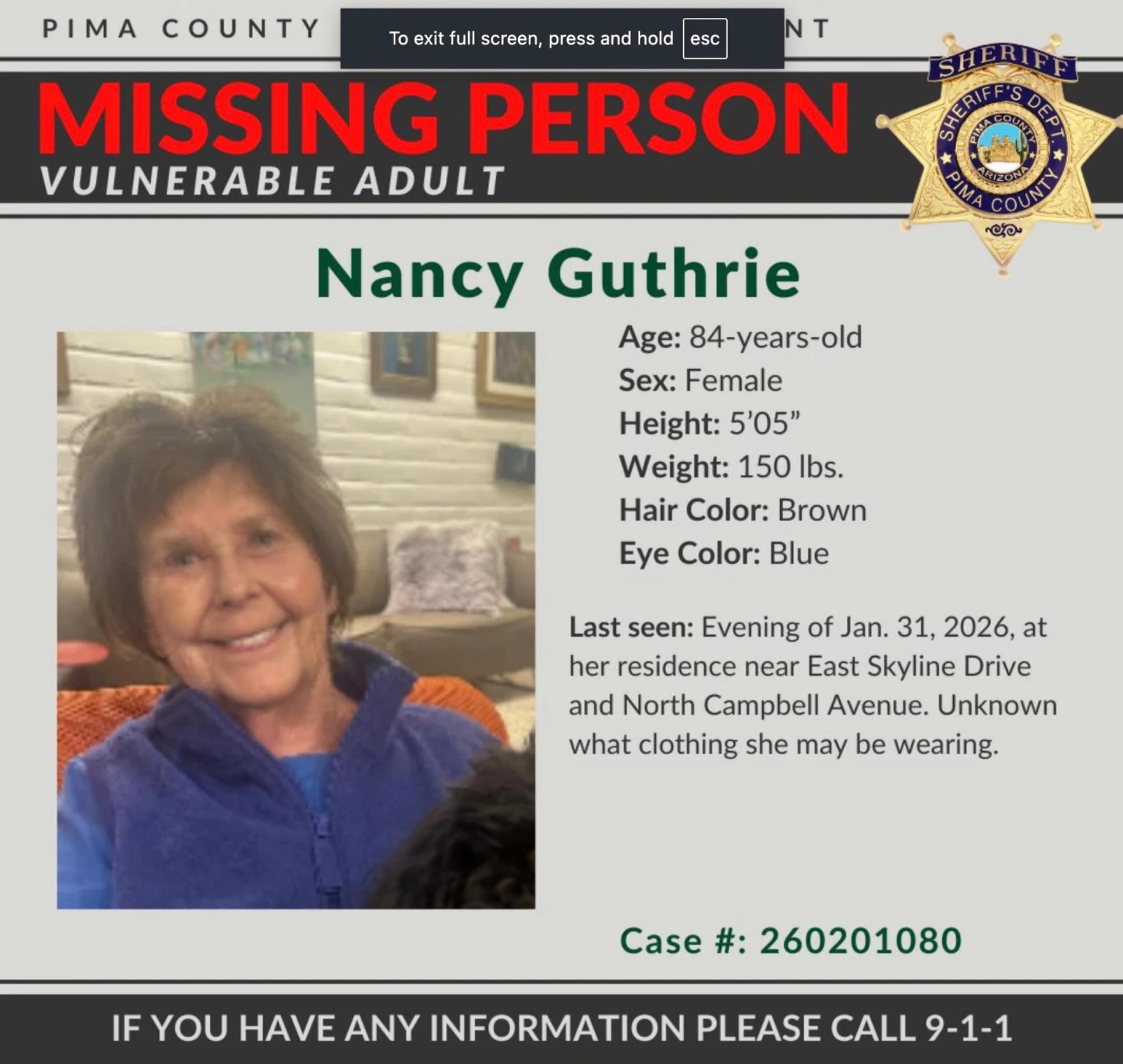 Esta imagen deel lunes 2 de febrero de 2026, se muestra una alerta de persona desaparecida para Nancy Guthrie.
