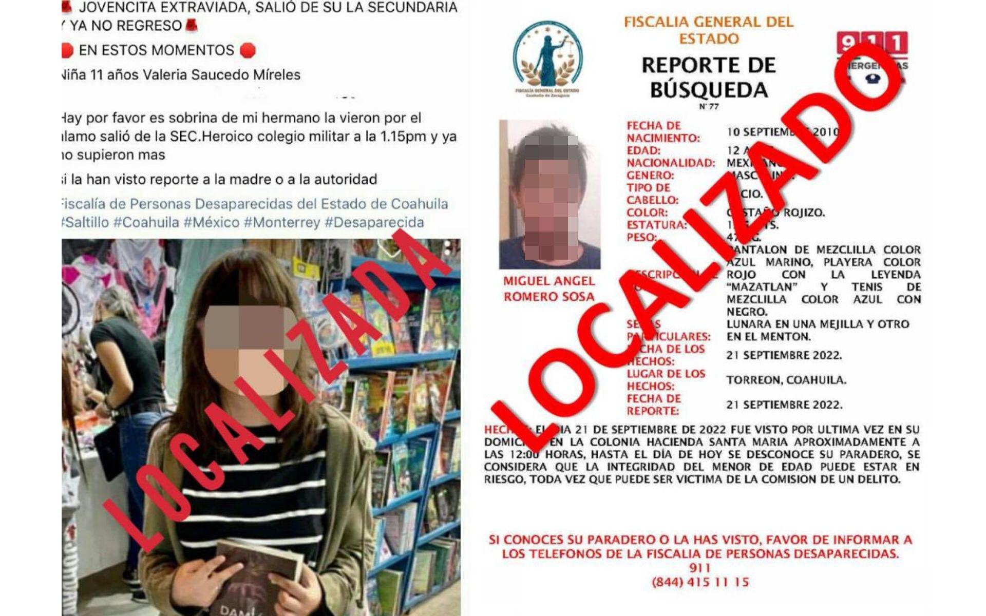 Localizan a niña de Saltillo y niño de Torreón reportados desaparecidos; fue ausencia voluntaria. Noticias en tiempo real