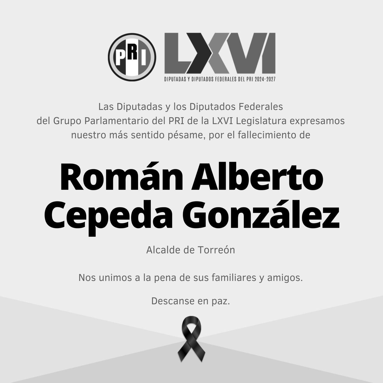 Diputados federales lamentan la muerte del alcalde de Torreón, Román Cepeda; destaca legado de entrega